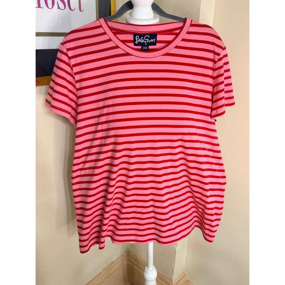Lesley Evers Pink Red Striped Short Sleeve Crewneck T-Shirt Size 1X